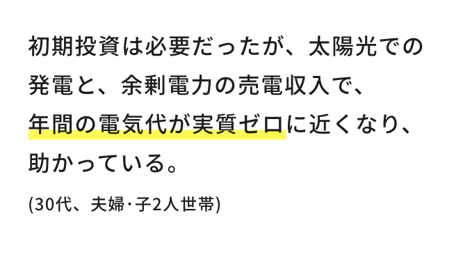 初期投資は必要だったが、太陽光での発電と、余剰電力の売電収入で、年間の電気代が実質ゼロに近くなり、助かっている。（30代、夫婦・子2人世帯）